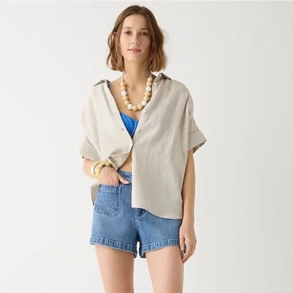 J. Crew Relaxed Fit Short Sleeve Baird McNutt Irish Linen Shirt in Tan